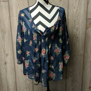 Torrid blue floral chiffon pintuck blouse, 0X/L/12